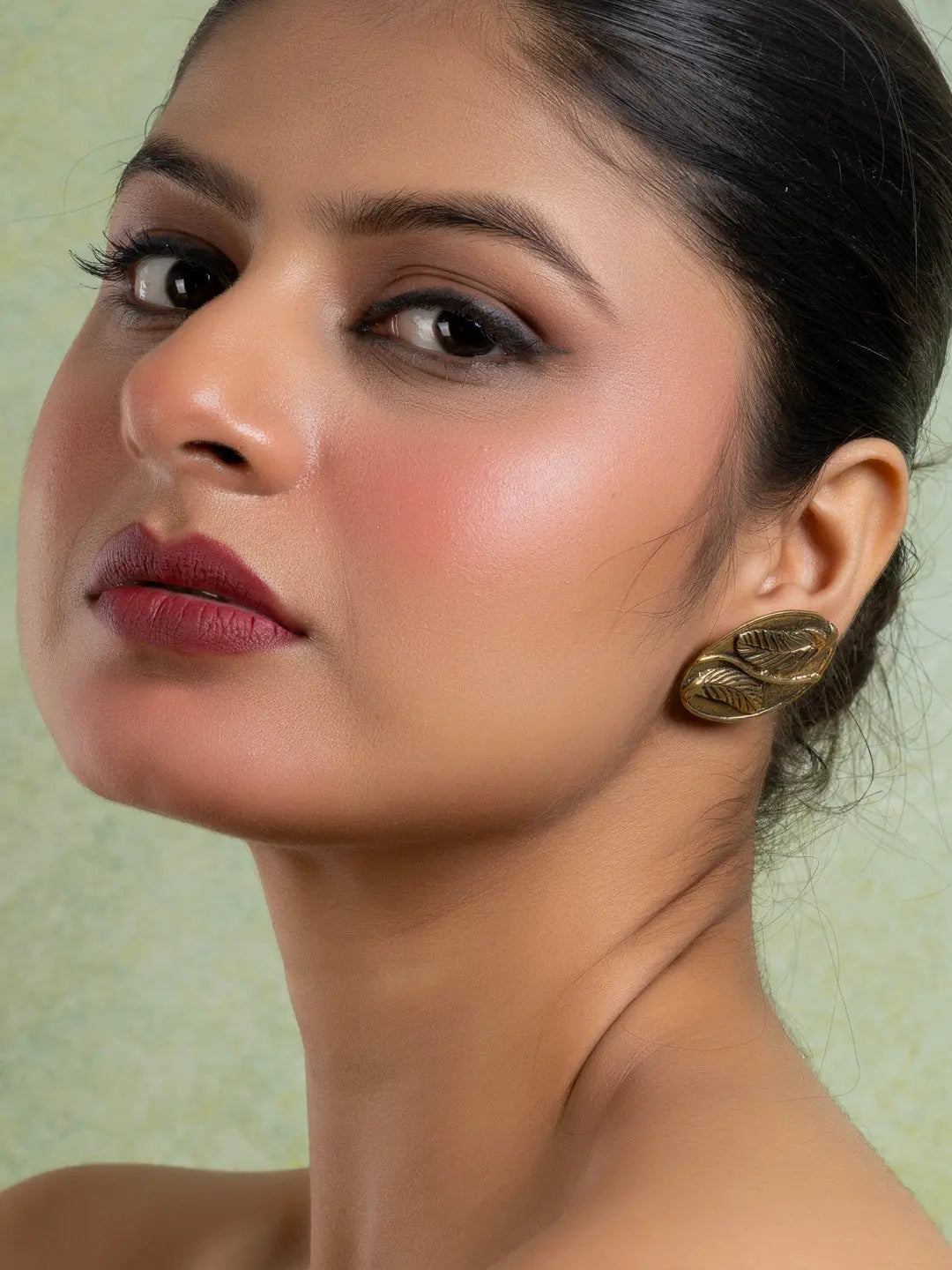 Golden Brass Oval Leaf Stud Earring LOOK AND ADORN - designed for you