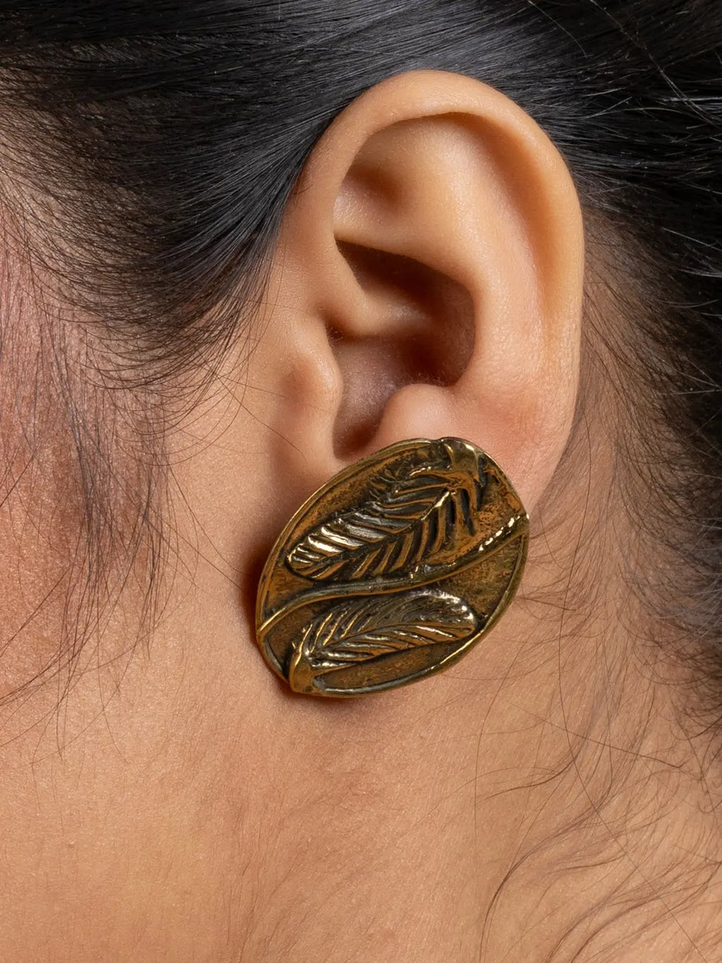 Golden Brass Oval Leaf Stud Earring LOOK AND ADORN - designed for you