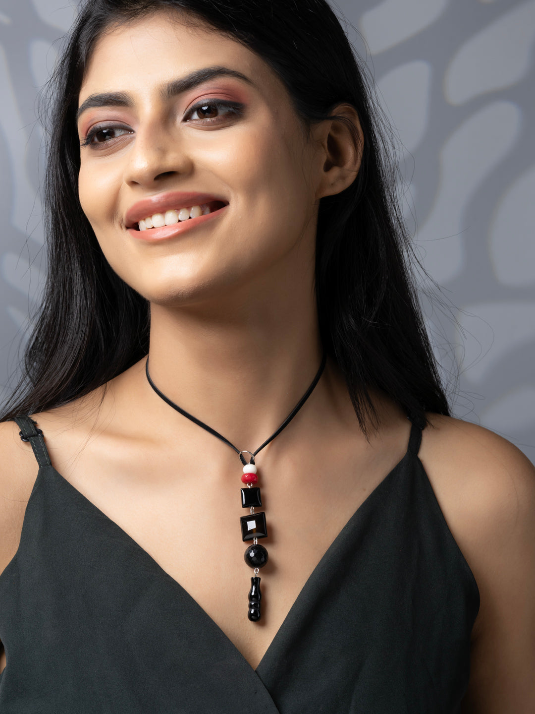 Semi Precious Black Red White Onyx Agate Jade Quartz Sleek necklace with adjustable Suede Cord LOOK AND ADORN - designed for you