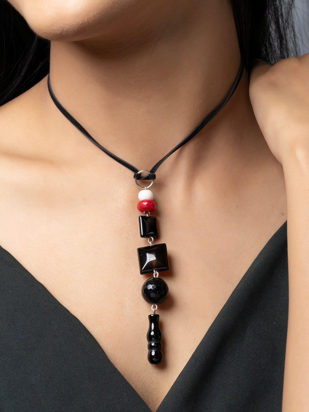 Semi Precious Black Red White Onyx Agate Jade Quartz Sleek necklace with adjustable Suede Cord LOOK AND ADORN - designed for you