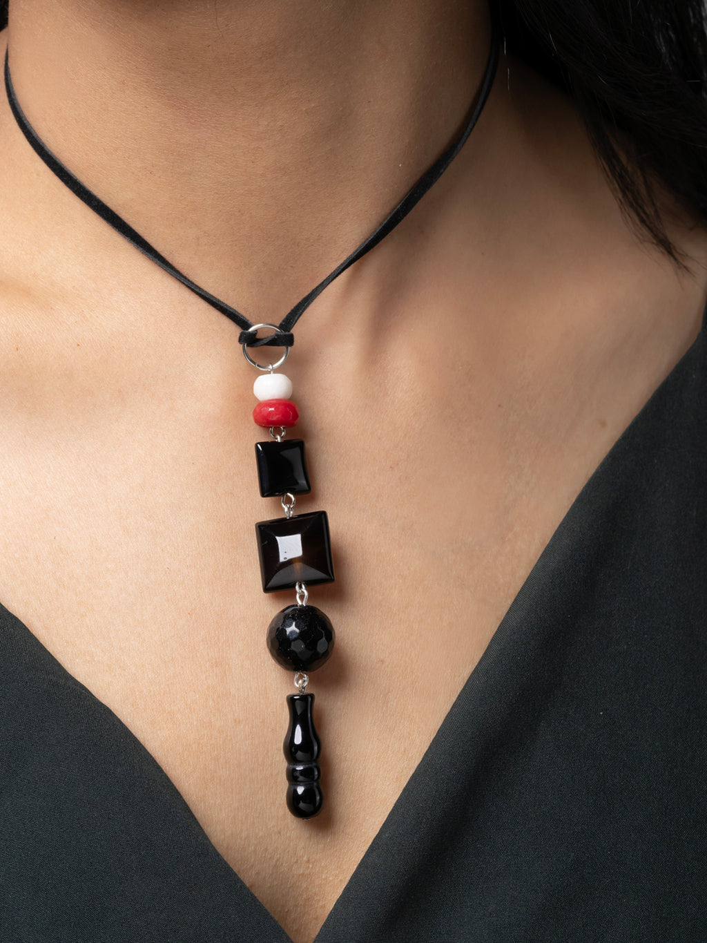 Semi Precious Black Red White Onyx Agate Jade Quartz Sleek necklace with adjustable Suede Cord LOOK AND ADORN - designed for you