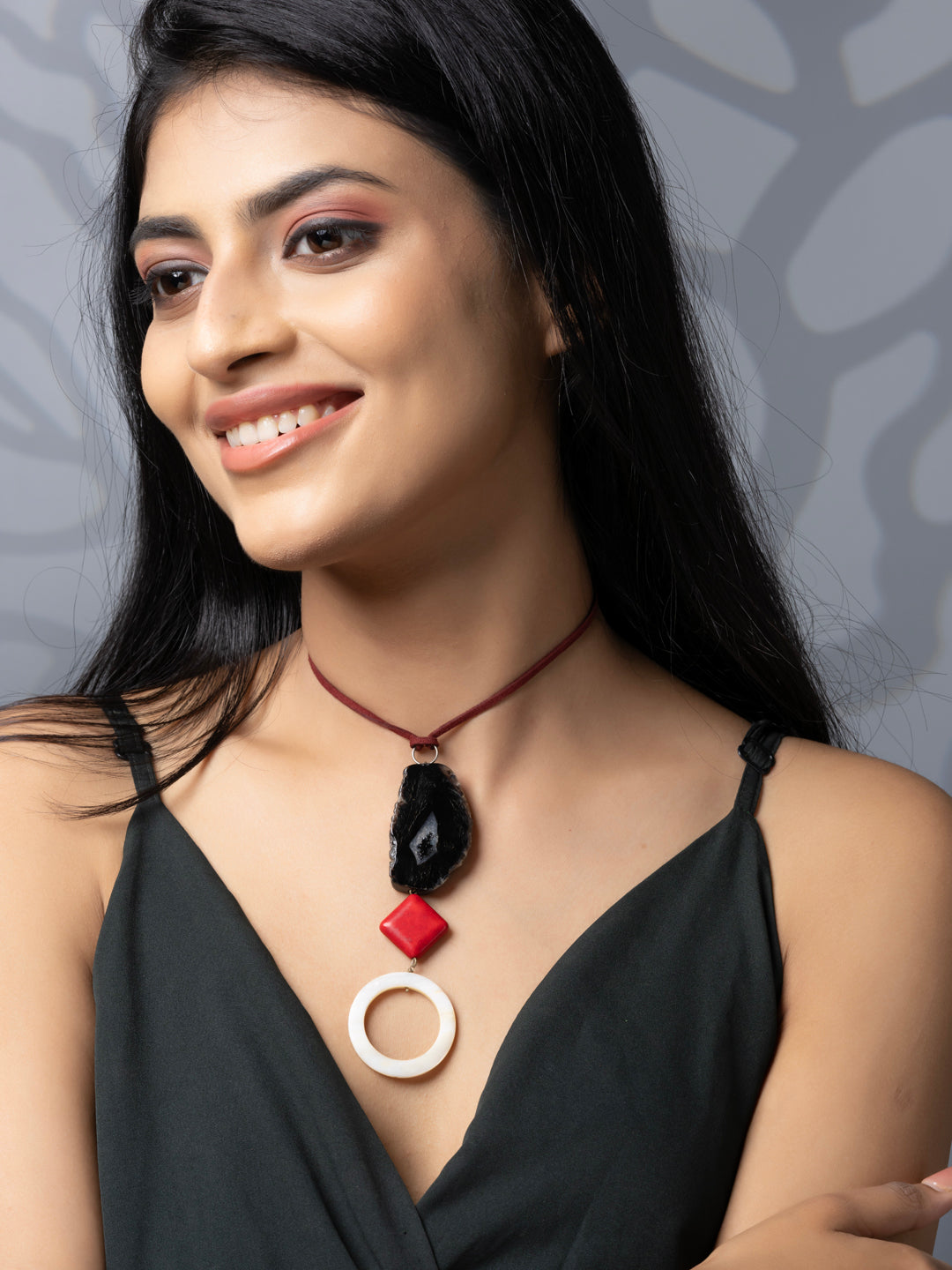 Semi Precious Black Red White Onyx Agate Howlite MOP Sleek necklace with adjustable Suede Cord LOOK AND ADORN - designed for you