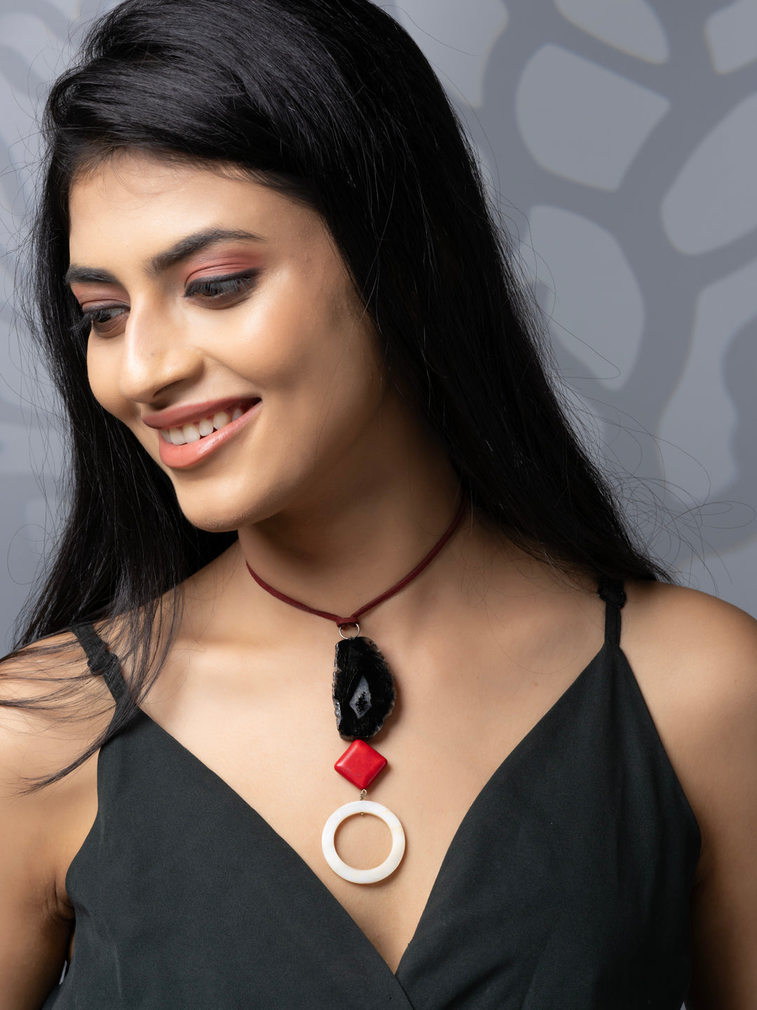 Semi Precious Black Red White Onyx Agate Howlite MOP Sleek necklace with adjustable Suede Cord LOOK AND ADORN - designed for you