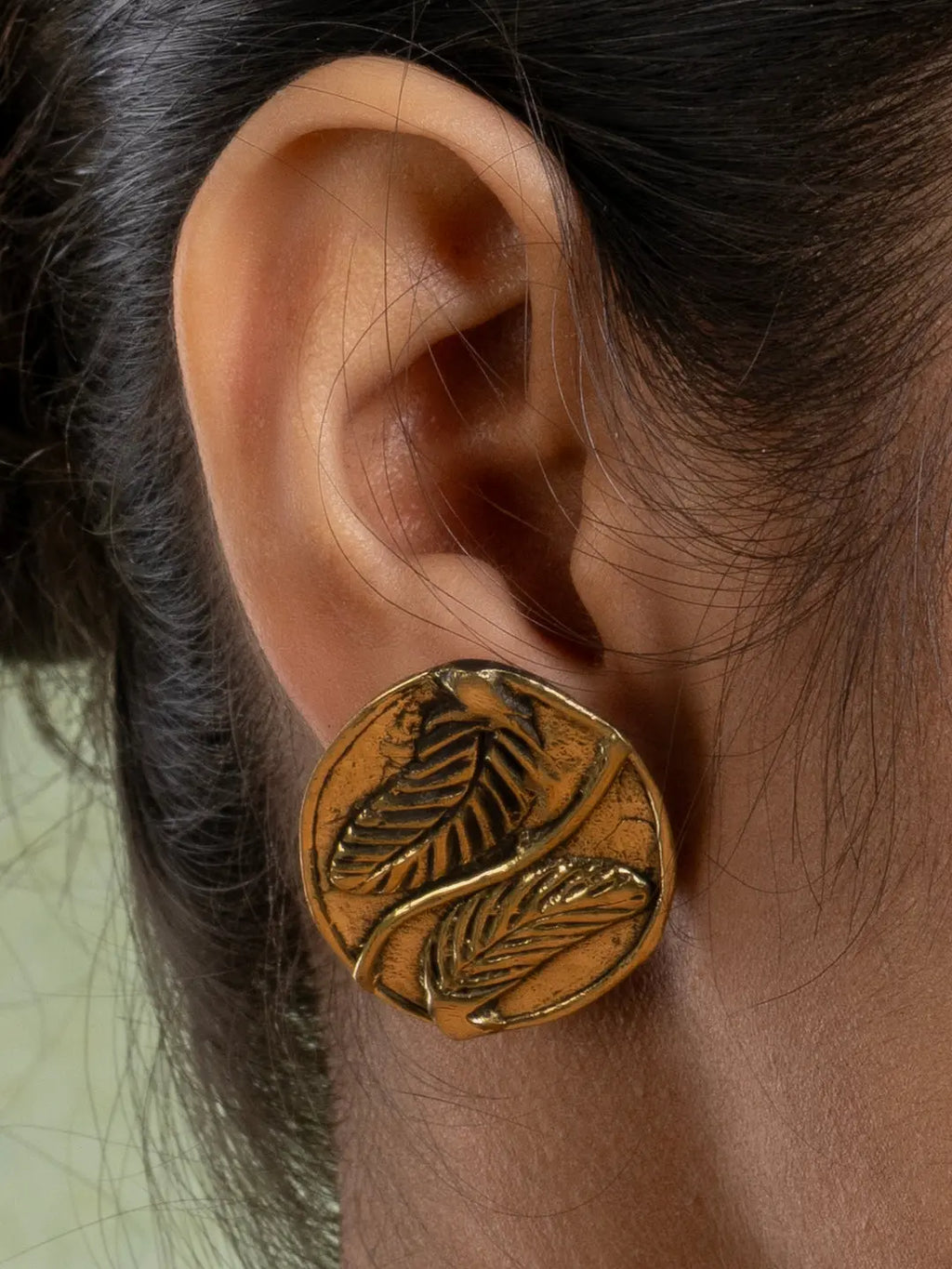 Golden Brass Oval Leaf Stud Earring LOOK AND ADORN - designed for you