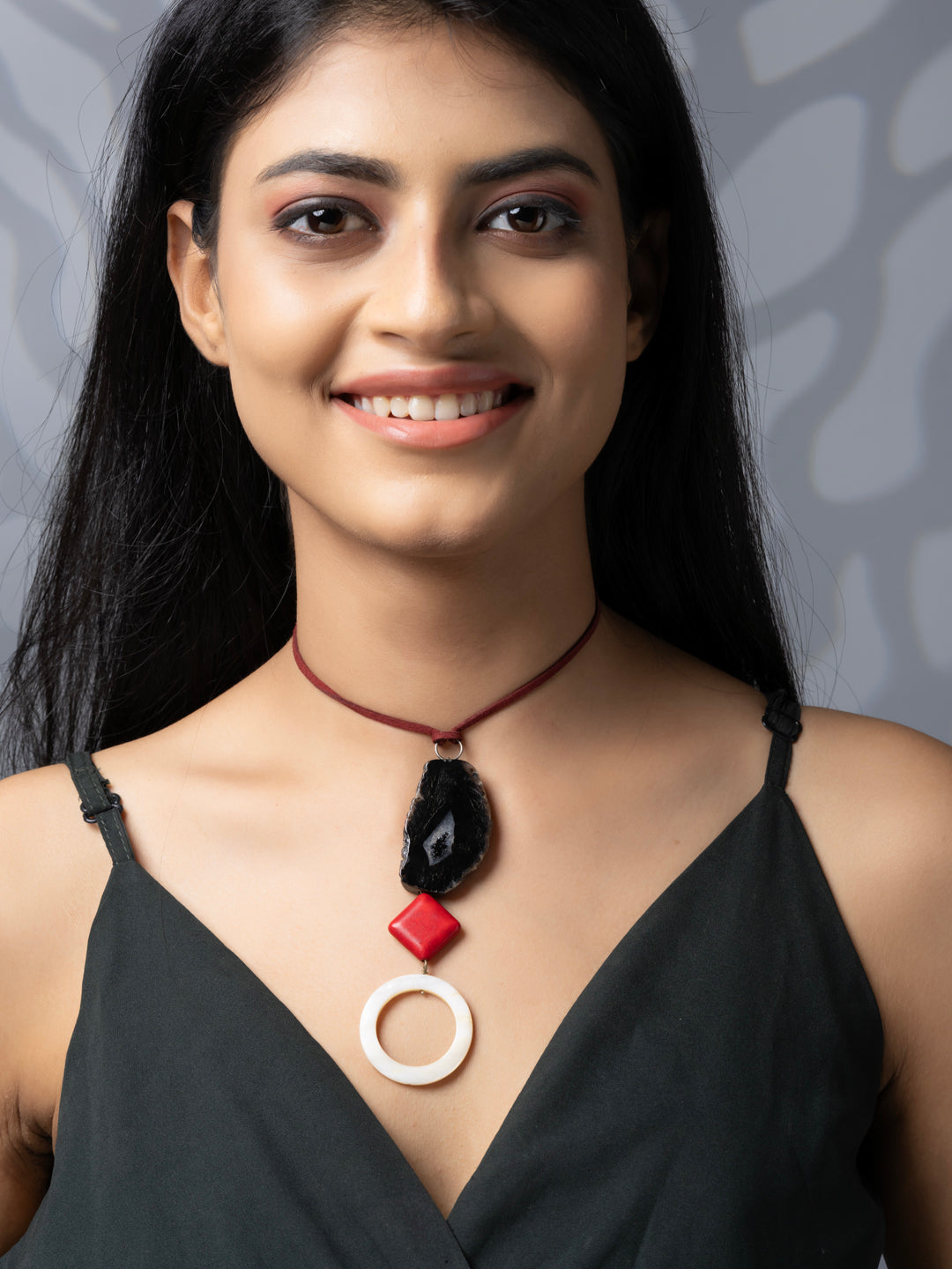 Semi Precious Black Red White Onyx Agate Howlite MOP Sleek necklace with adjustable Suede Cord LOOK AND ADORN - designed for you