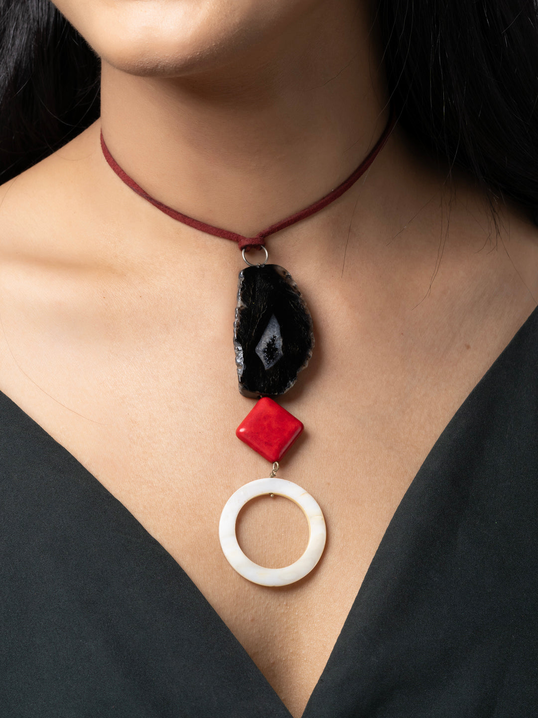 Semi Precious Black Red White Onyx Agate Howlite MOP Sleek necklace with adjustable Suede Cord LOOK AND ADORN - designed for you