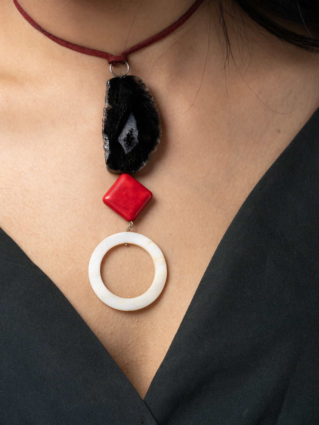 Semi Precious Black Red White Onyx Agate Howlite MOP Sleek necklace with adjustable Suede Cord LOOK AND ADORN - designed for you