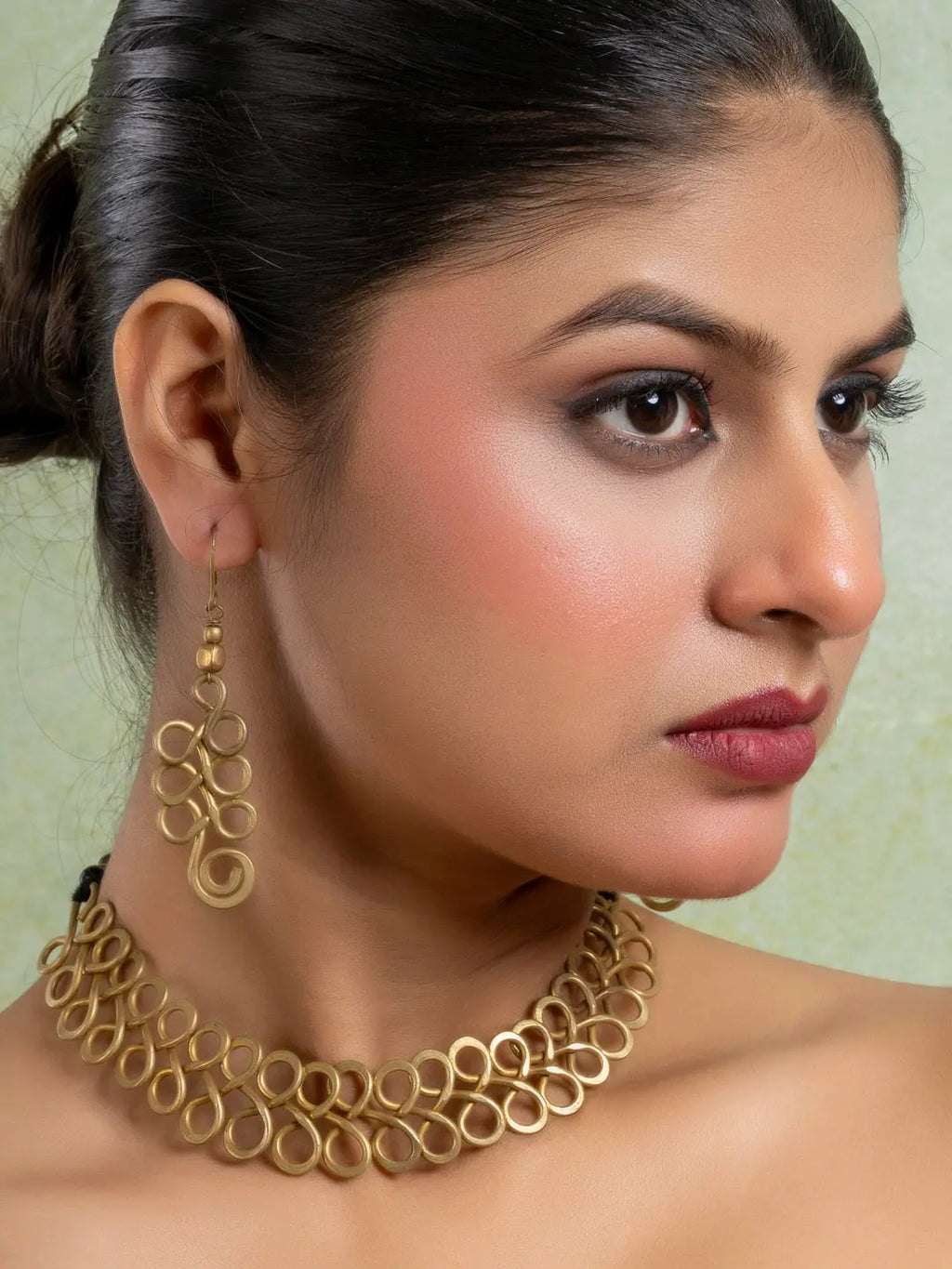 Golden Brass Dokra Spiral Choker Necklace set with Earring LOOK AND ADORN - designed for you