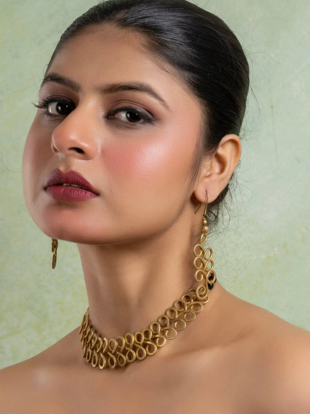 Golden Brass Dokra Spiral Choker Necklace set with Earring LOOK AND ADORN - designed for you