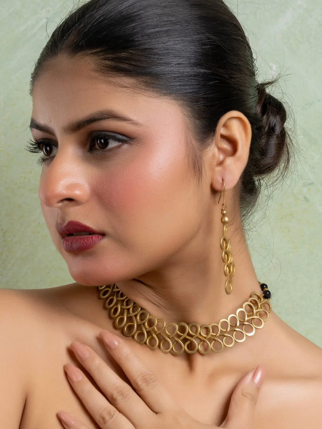 Golden Brass Dokra Spiral Choker Necklace set with Earring LOOK AND ADORN - designed for you