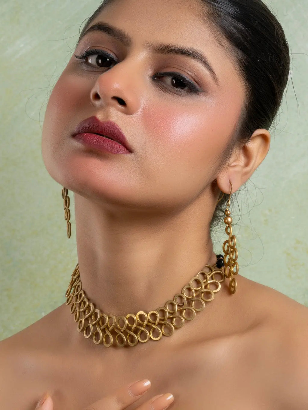 Golden Brass Dokra Spiral Choker Necklace set with Earring LOOK AND ADORN - designed for you