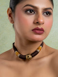 Golden Brass Dokra Focal Necklace with adjustable Brown Dori