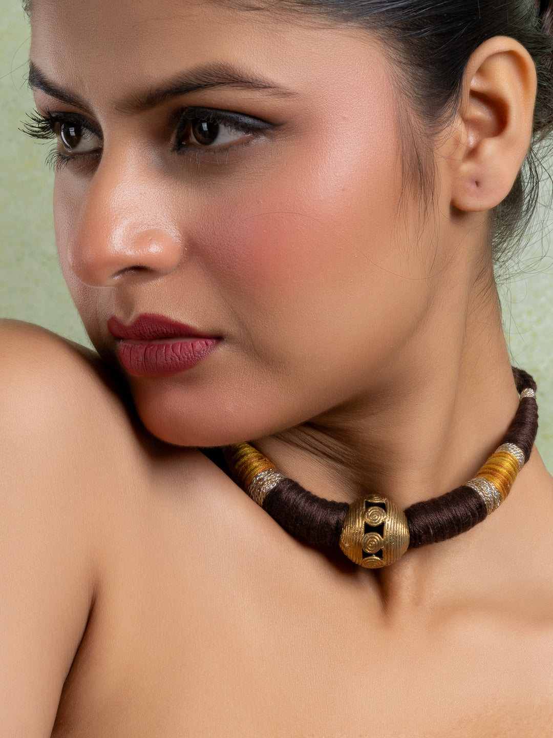 Golden Brass Dokra Focal Necklace with adjustable Brown Dori