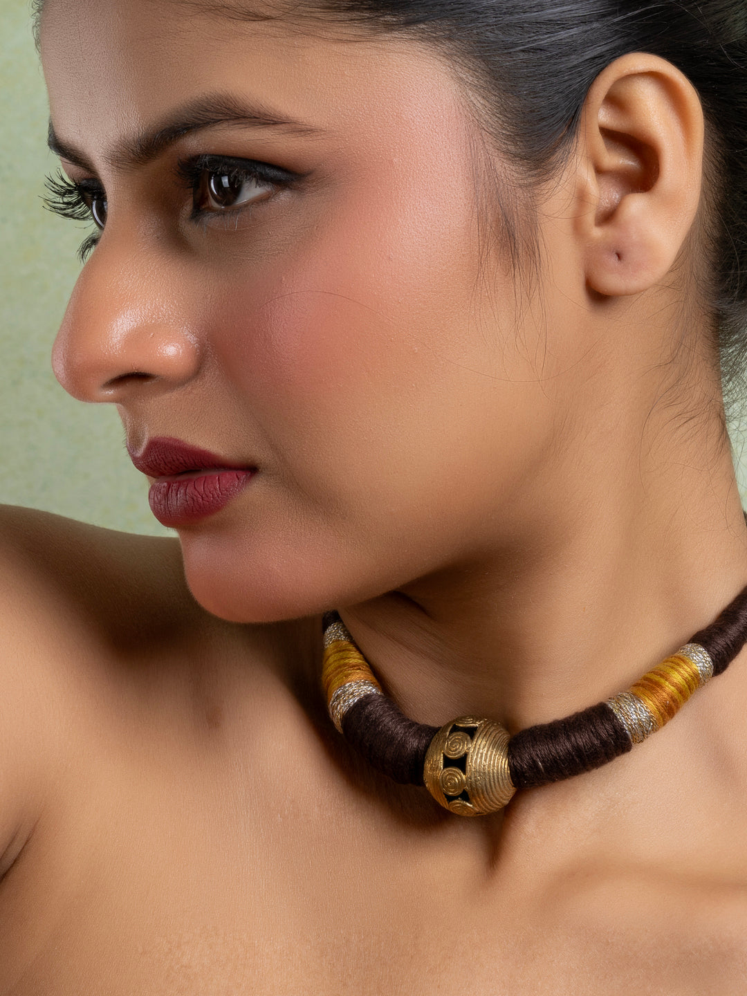 Golden Brass Dokra Focal Necklace with adjustable Brown Dori