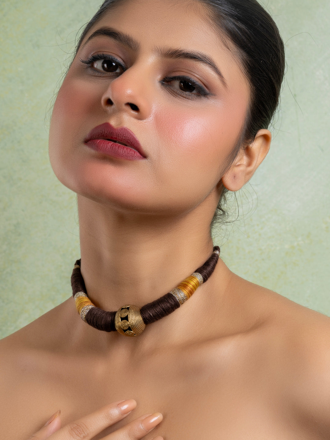 Golden Brass Dokra Focal Necklace with adjustable Brown Dori
