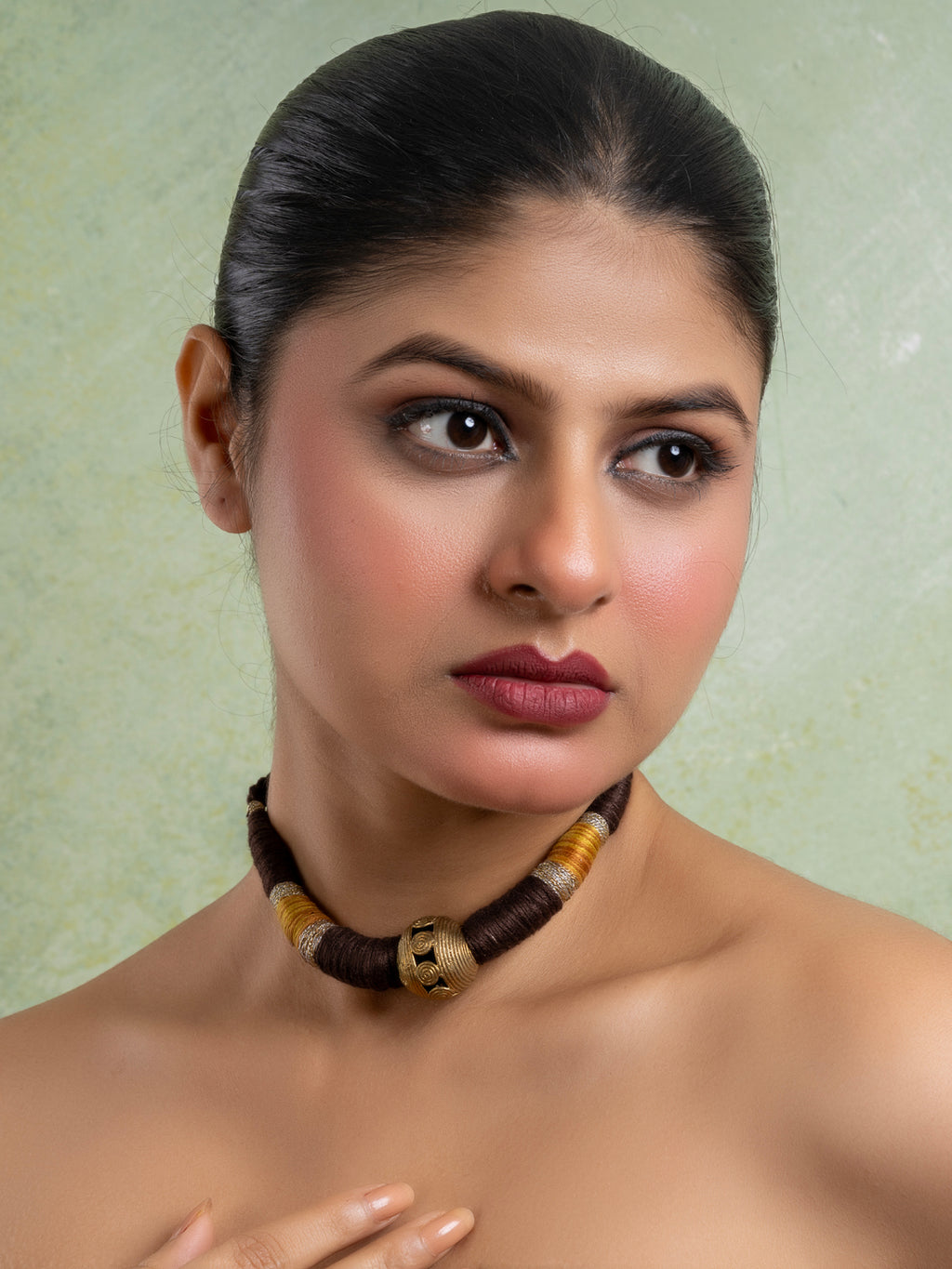 Golden Brass Dokra Focal Necklace with adjustable Brown Dori