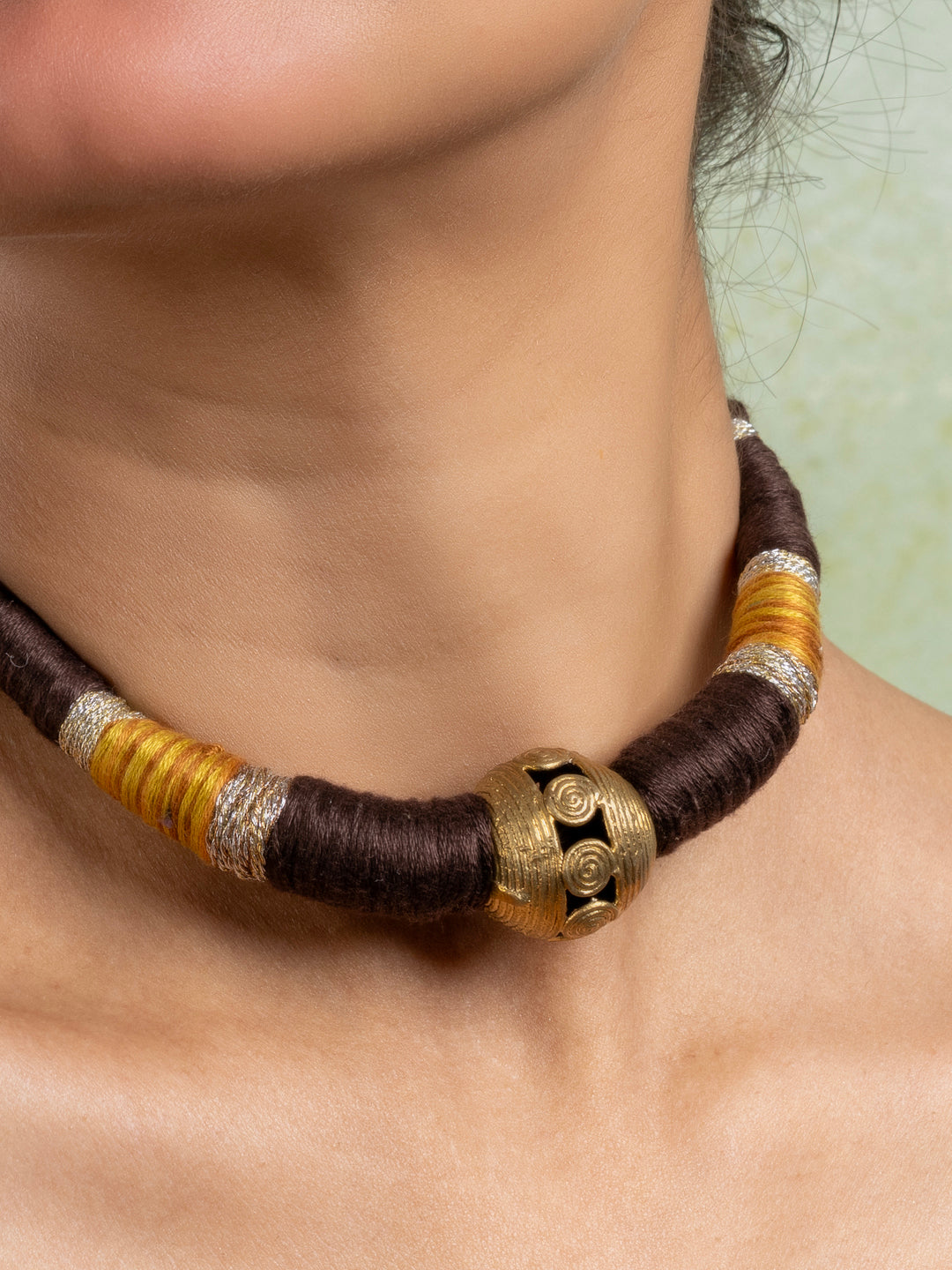 Golden Brass Dokra Focal Necklace with adjustable Brown Dori