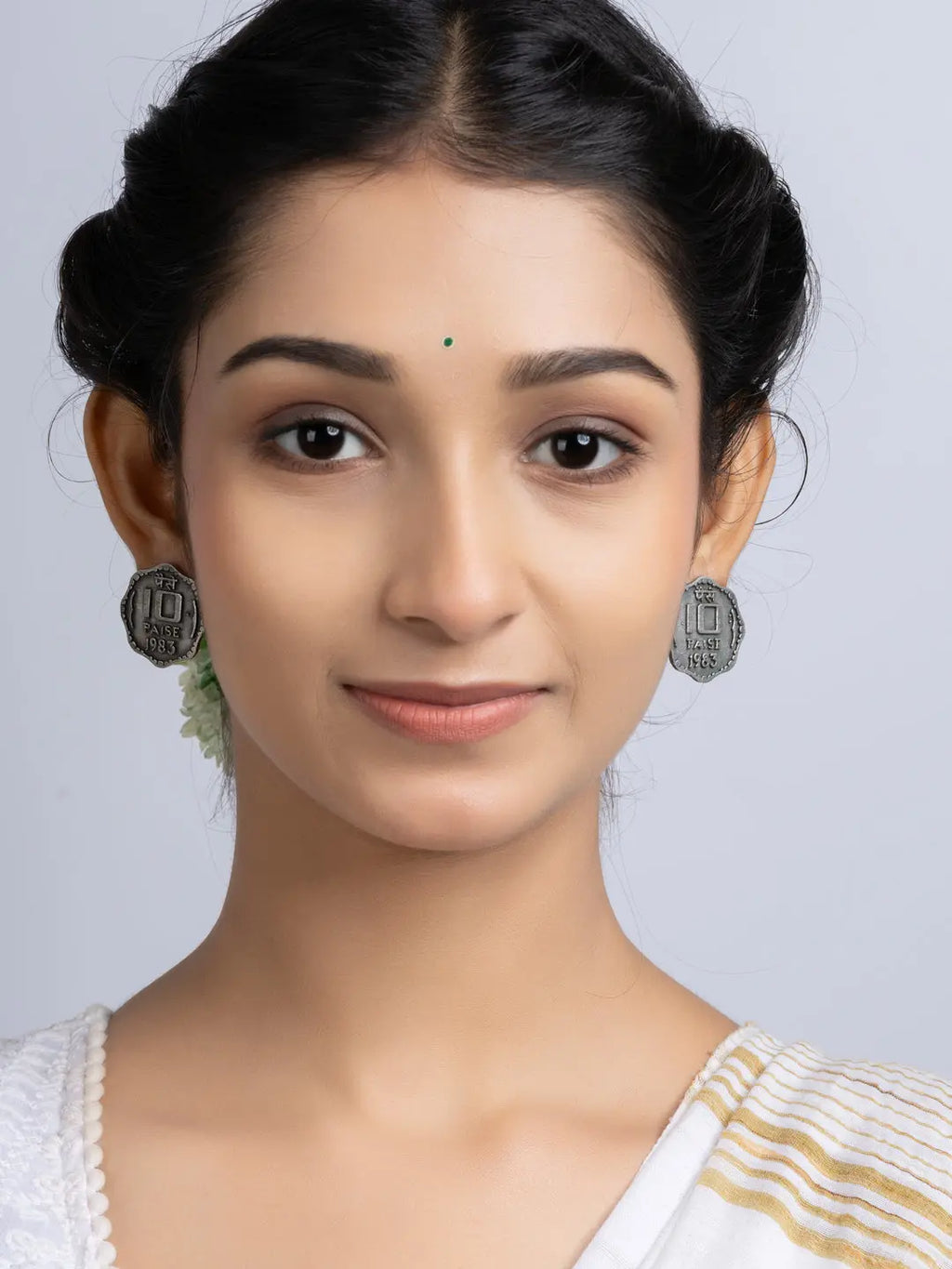 Oxidized Silver Ten Paise Stud Earring LOOK AND ADORN - designed for you