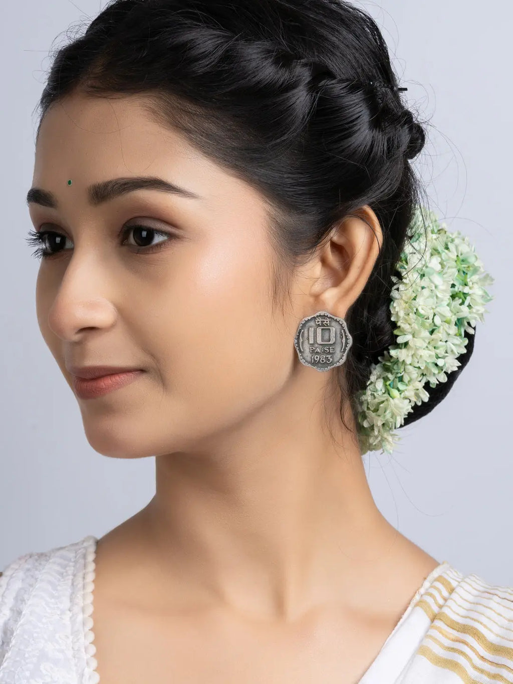Oxidized Silver Ten Paise Stud Earring LOOK AND ADORN - designed for you