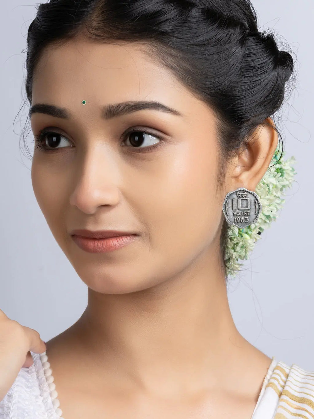Oxidized Silver Ten Paise Stud Earring LOOK AND ADORN - designed for you