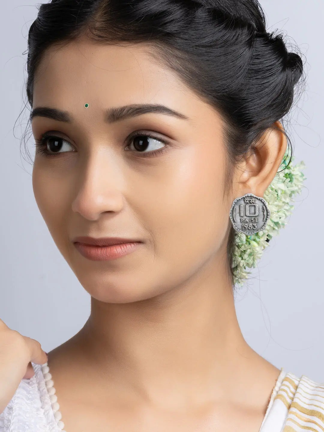 Oxidized Silver Ten Paise Stud Earring LOOK AND ADORN - designed for you