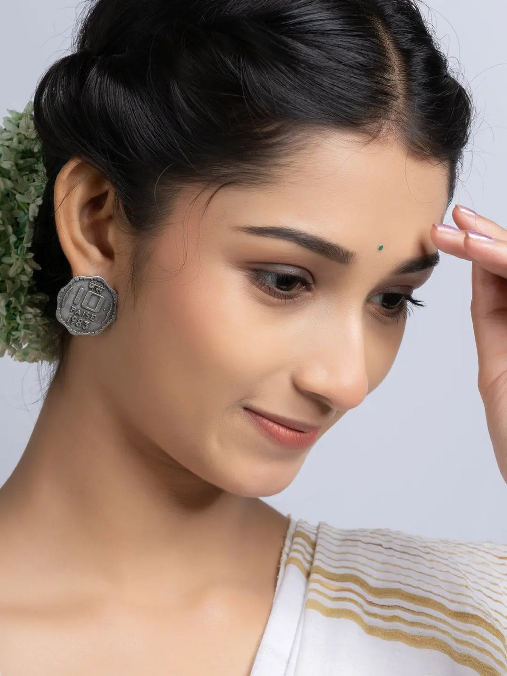 Oxidized Silver Ten Paise Stud Earring LOOK AND ADORN - designed for you