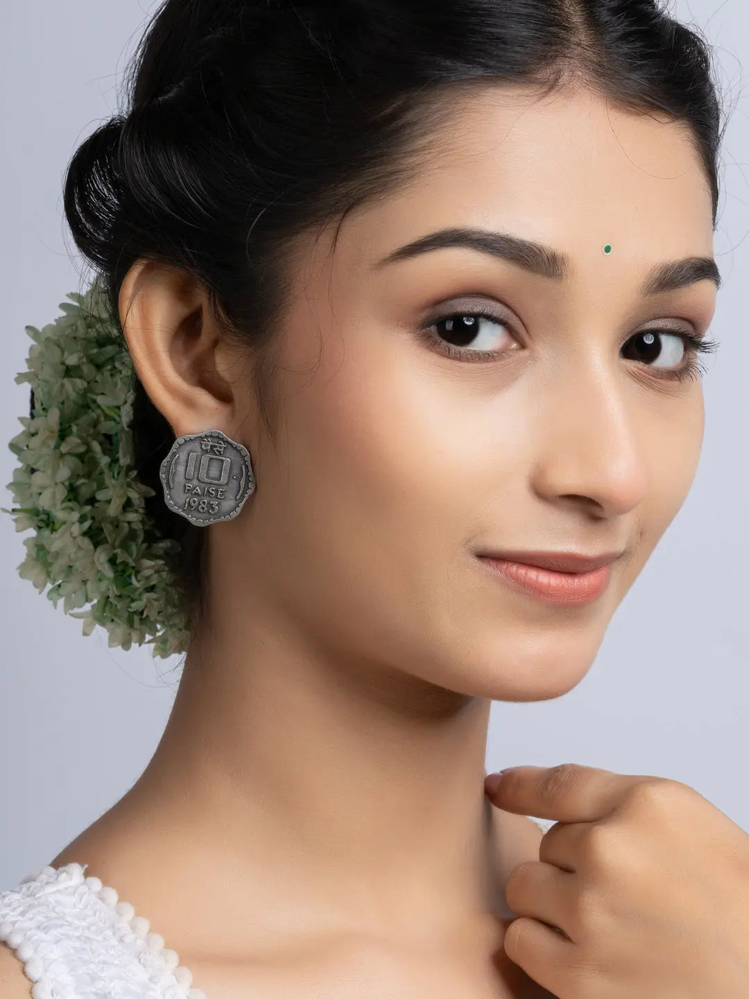 Oxidized Silver Ten Paise Stud Earring LOOK AND ADORN - designed for you