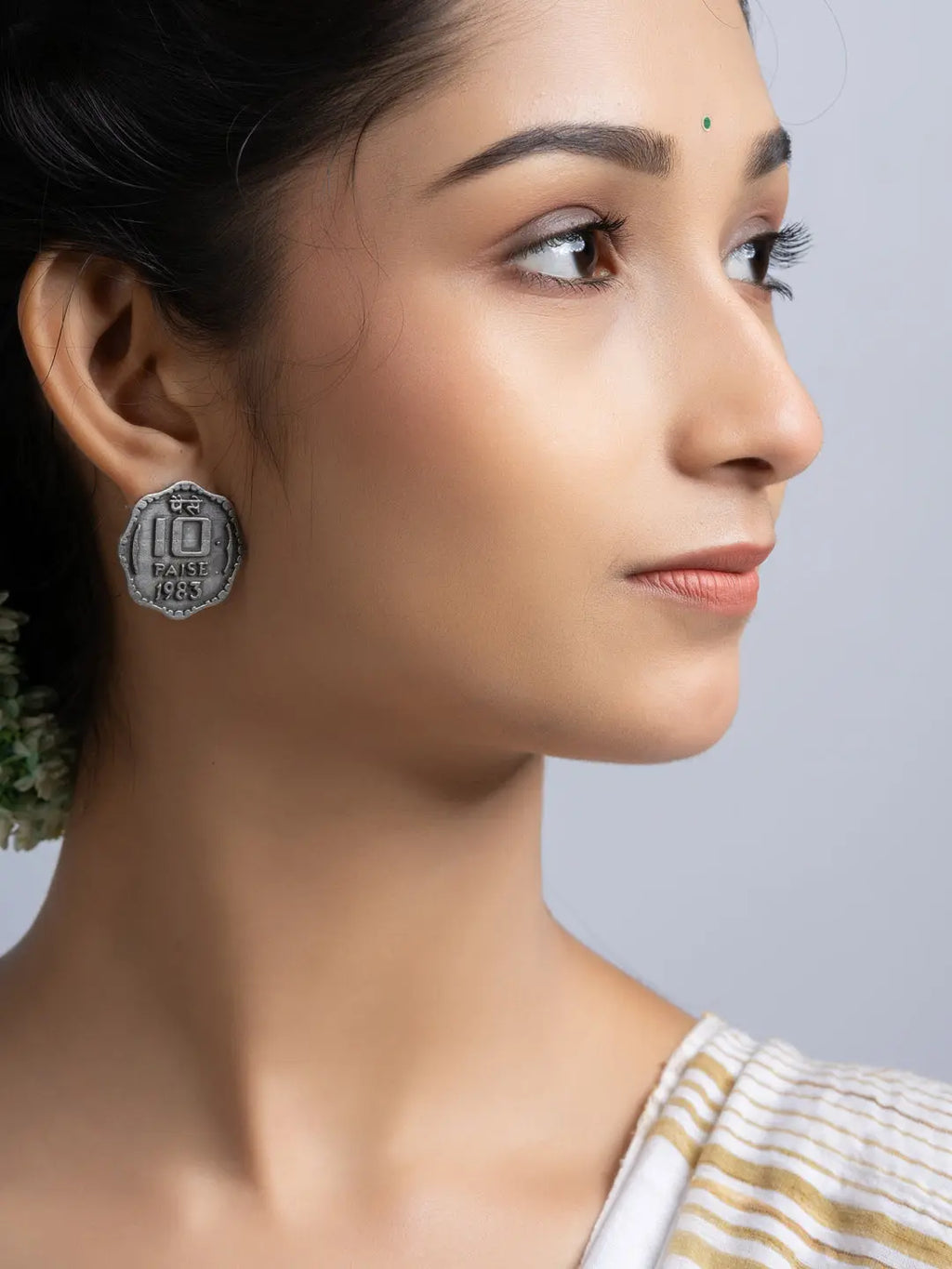 Oxidized Silver Ten Paise Stud Earring LOOK AND ADORN - designed for you