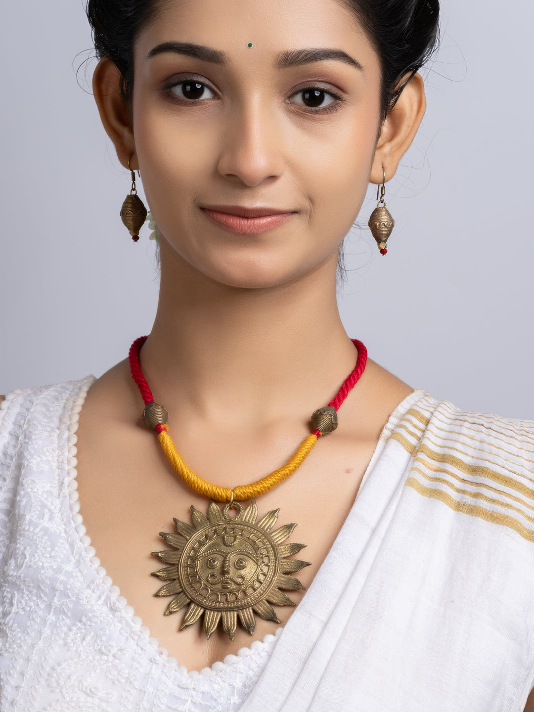 Golden Red Yellow Sun Dokra Brass necklace set with earring