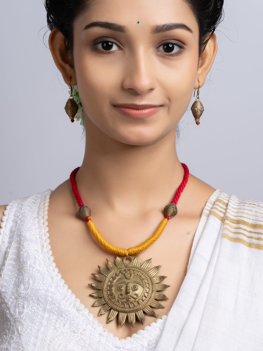 Golden Red Yellow Sun Dokra Brass necklace set with earring