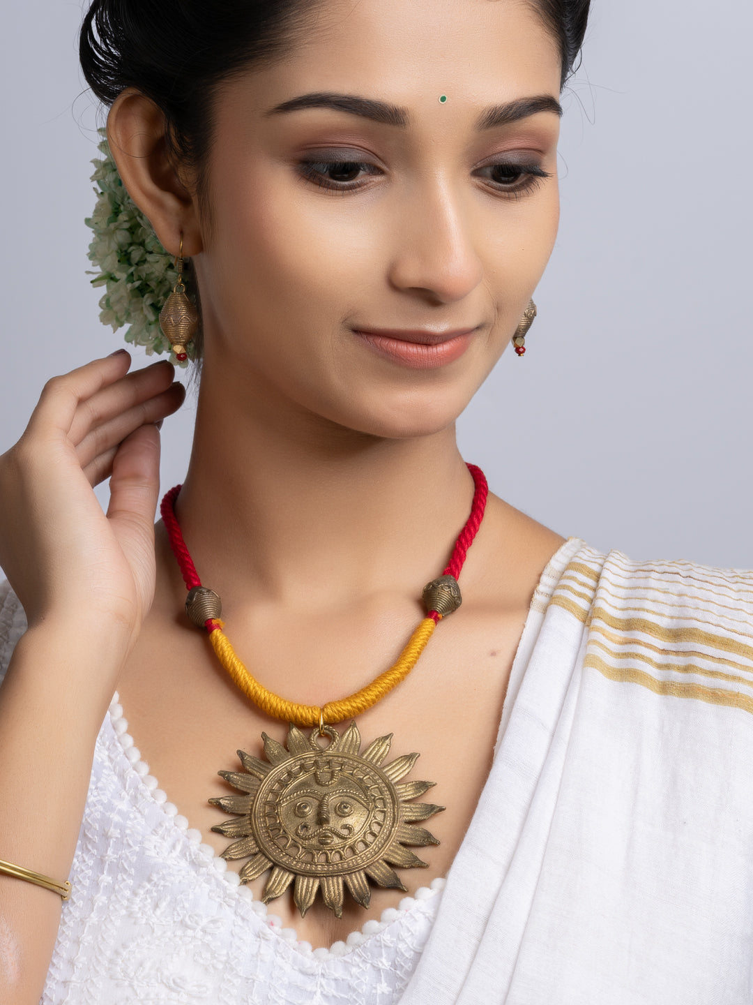 Golden Red Yellow Sun Dokra Brass necklace set with earring