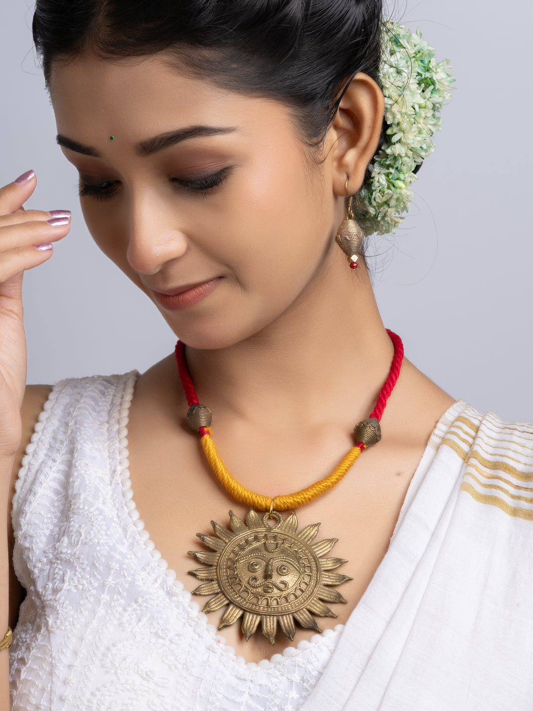 Golden Red Yellow Sun Dokra Brass necklace set with earring