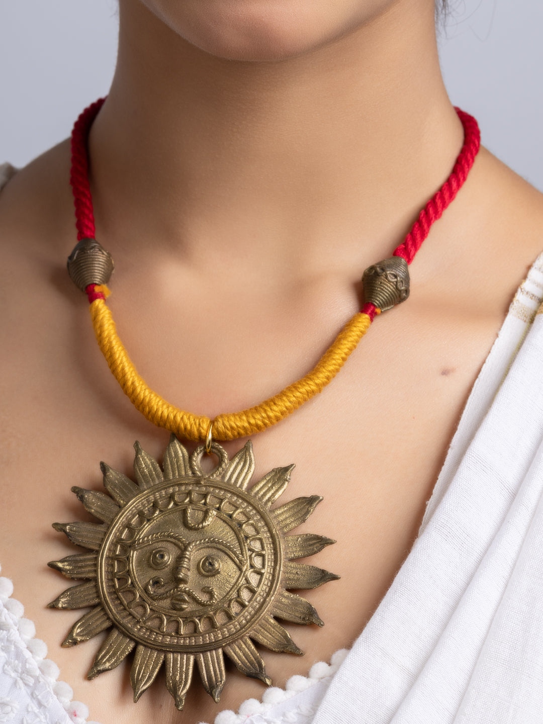 Golden Red Yellow Sun Dokra Brass necklace set with earring