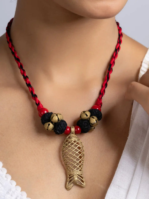 Red Black Dokra Brass Fish Ghungroo Necklace Set With Earrings LOOK AND ADORN - designed for you