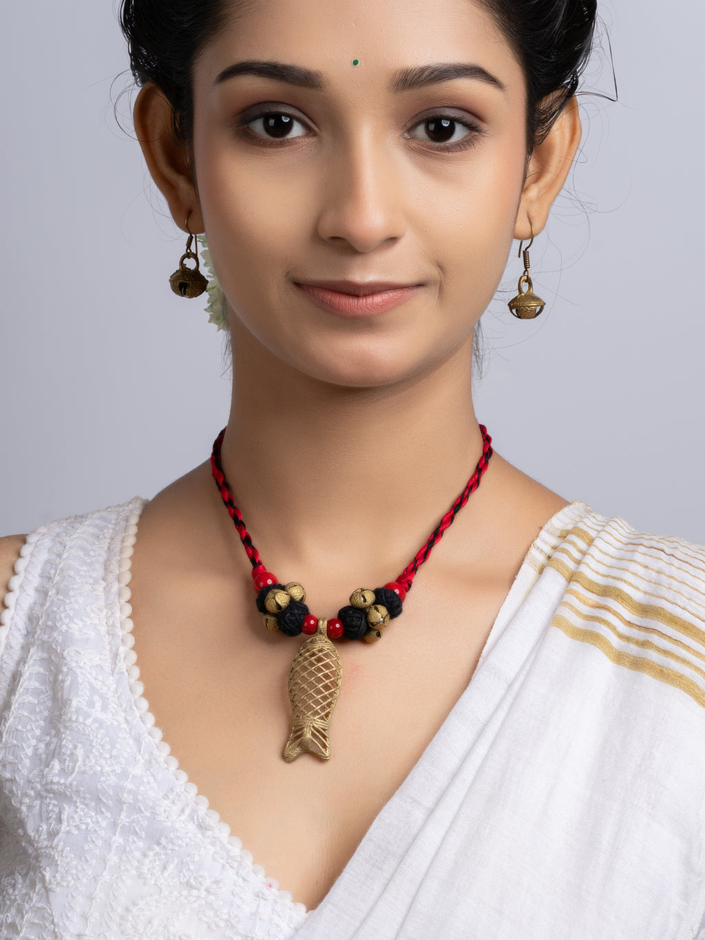 Red Black Dokra Brass Fish Ghungroo Necklace Set With Earrings