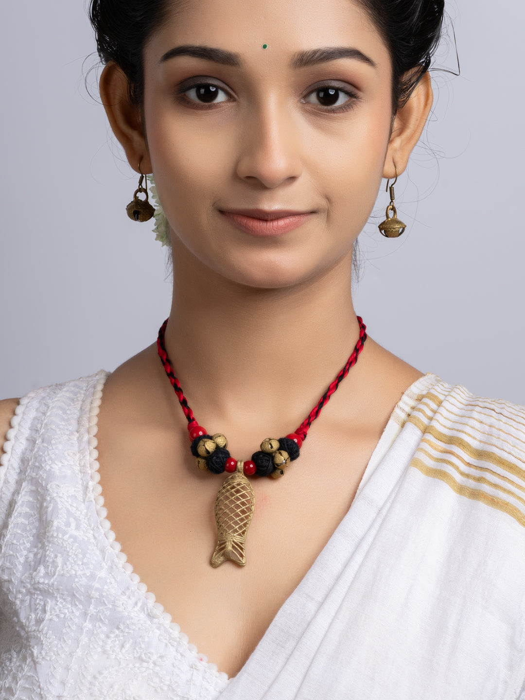 Red Black Dokra Brass Fish Ghungroo Necklace Set With Earrings
