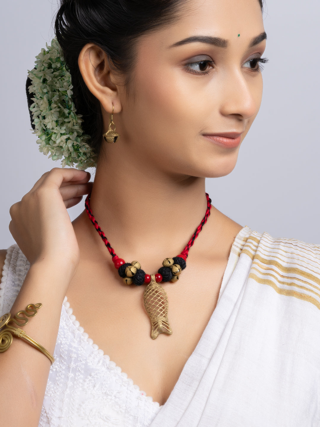 Red Black Dokra Brass Fish Ghungroo Necklace Set With Earrings