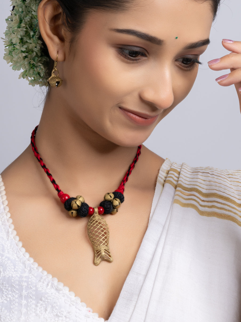 Red Black Dokra Brass Fish Ghungroo Necklace Set With Earrings