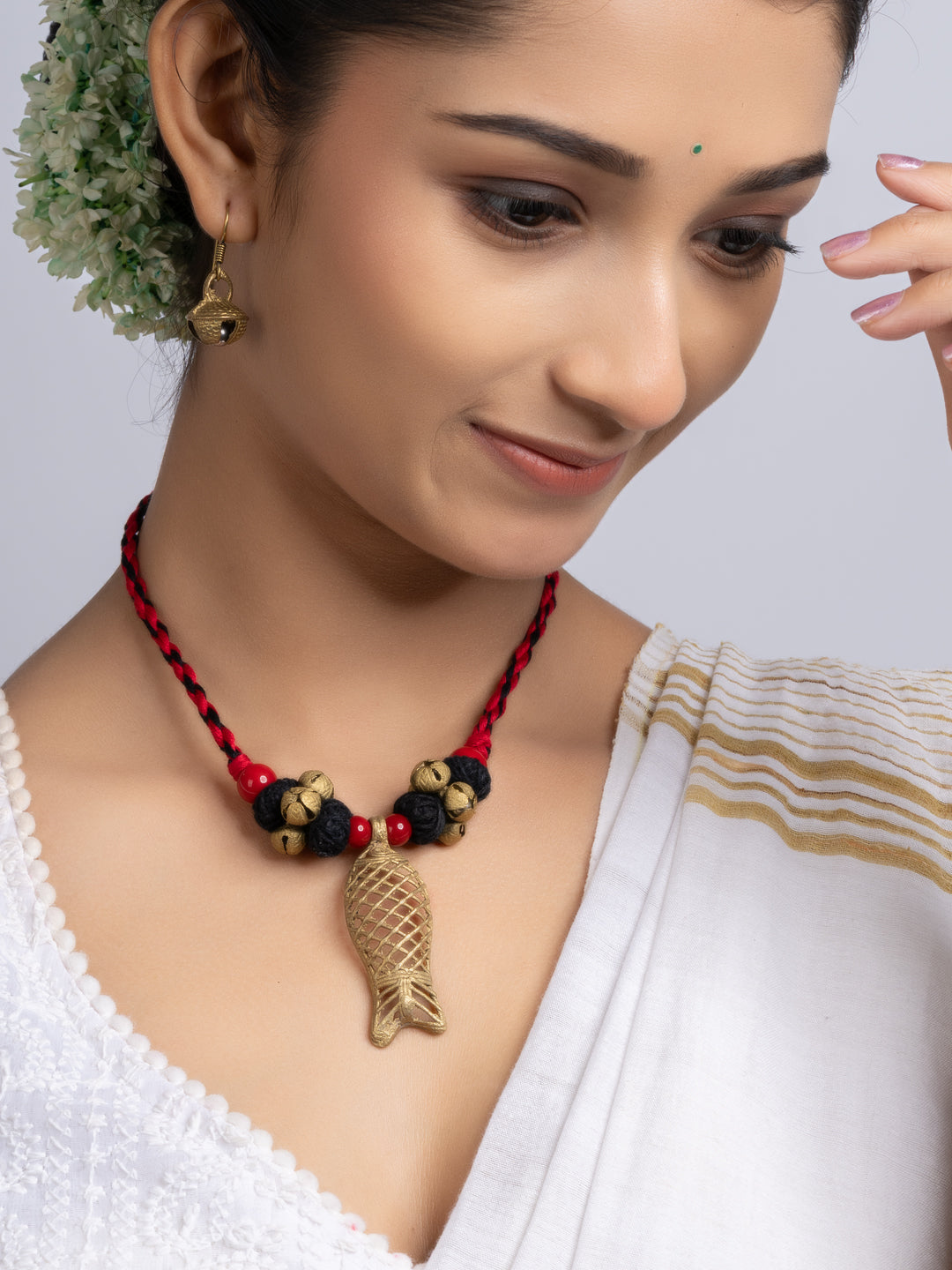 Red Black Dokra Brass Fish Ghungroo Necklace Set With Earrings
