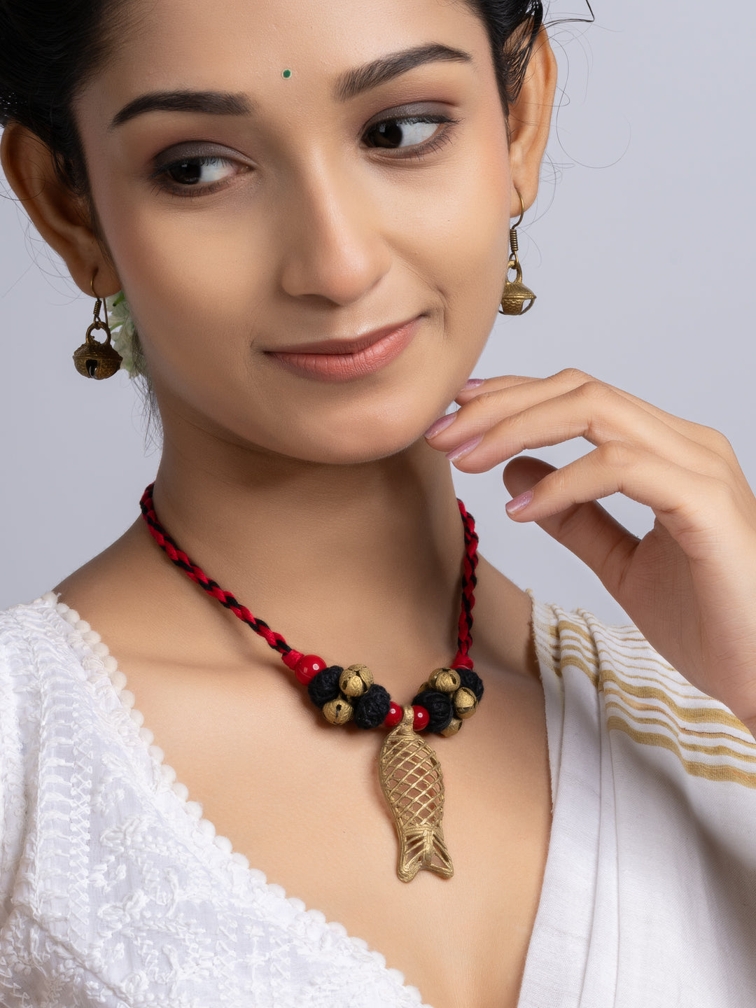 Red Black Dokra Brass Fish Ghungroo Necklace Set With Earrings