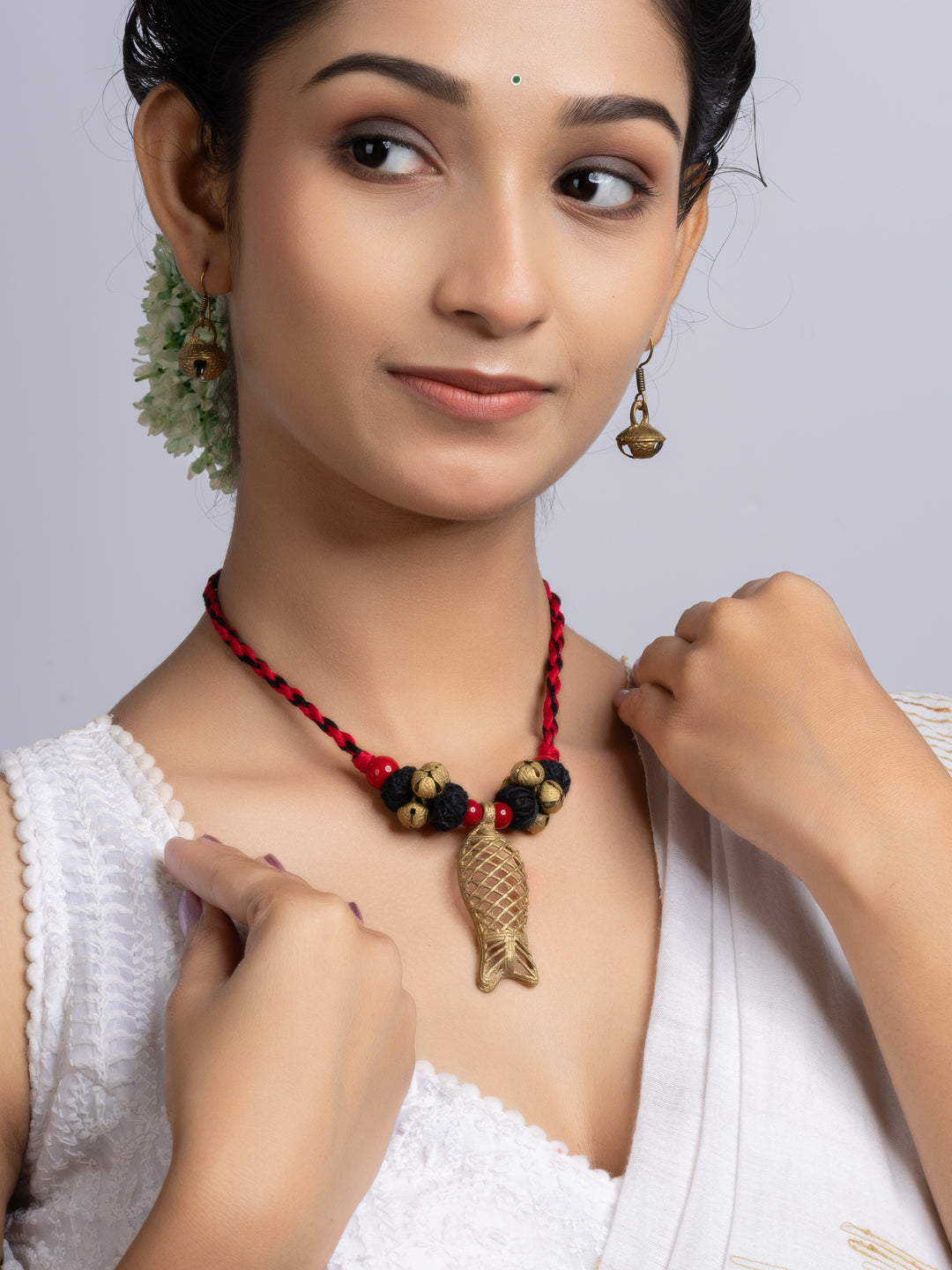 Red Black Dokra Brass Fish Ghungroo Necklace Set With Earrings