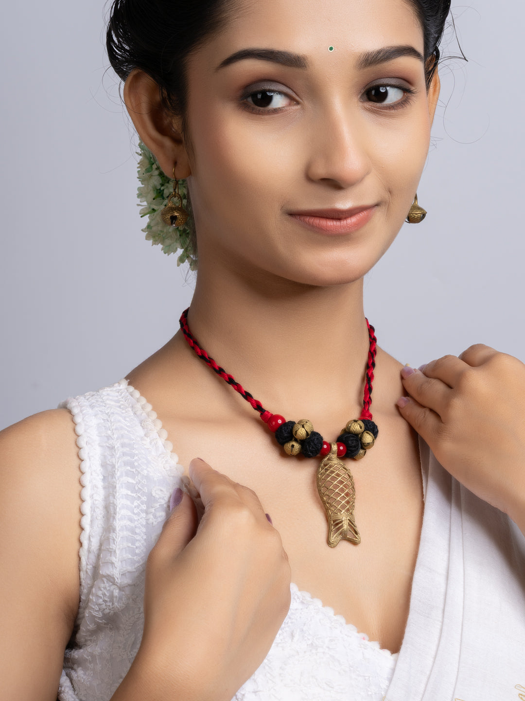 Red Black Dokra Brass Fish Ghungroo Necklace Set With Earrings
