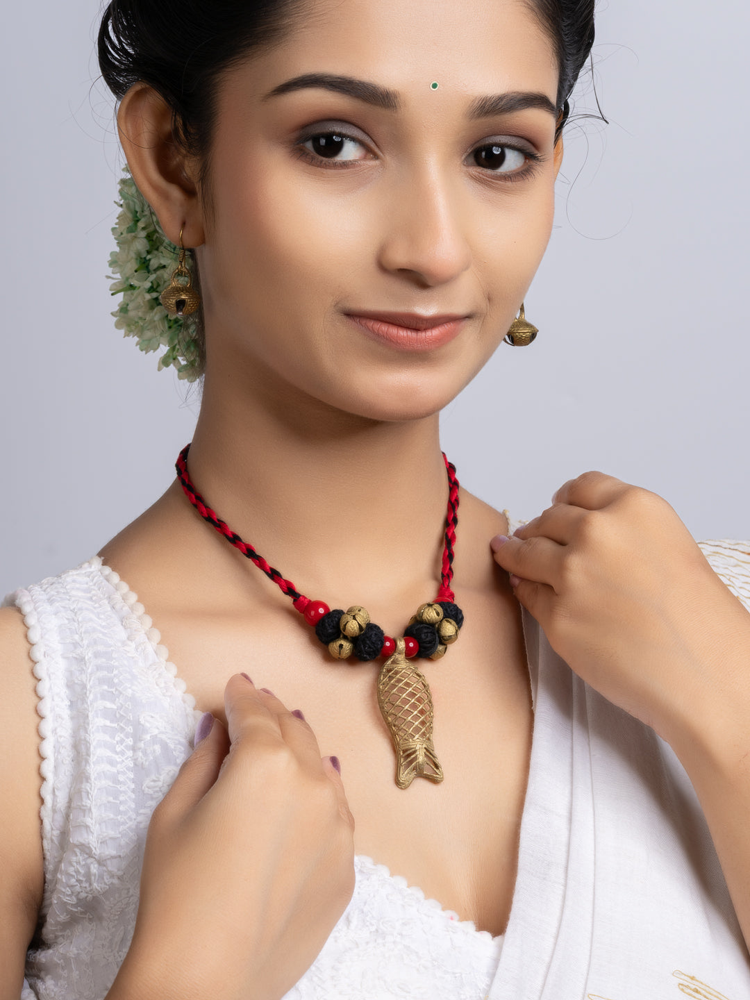 Red Black Dokra Brass Fish Ghungroo Necklace Set With Earrings