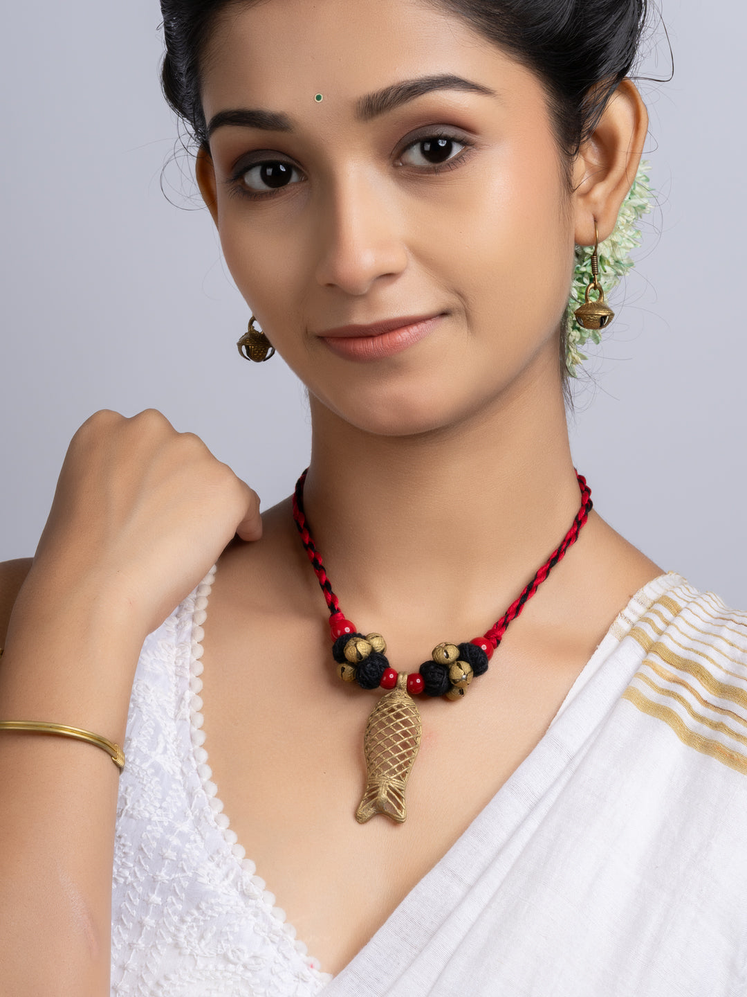 Red Black Dokra Brass Fish Ghungroo Necklace Set With Earrings