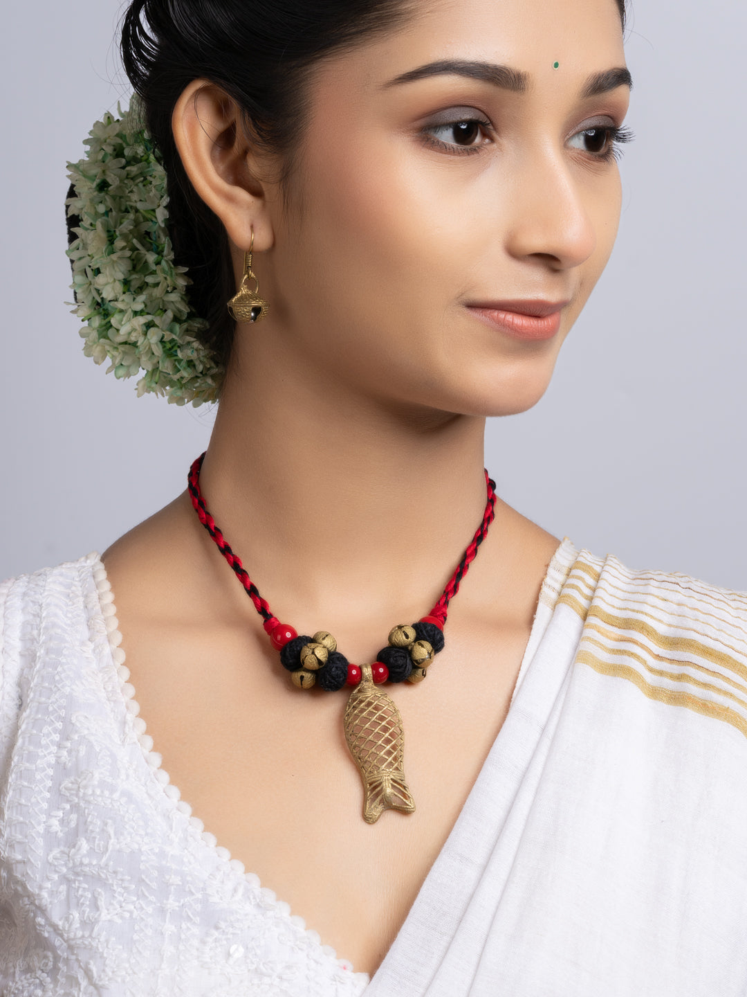 Red Black Dokra Brass Fish Ghungroo Necklace Set With Earrings