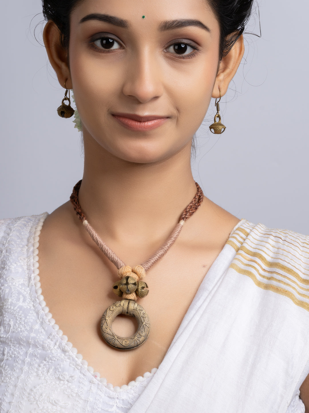 Beige Brown Dokra Brass Necklace Set With Earrings