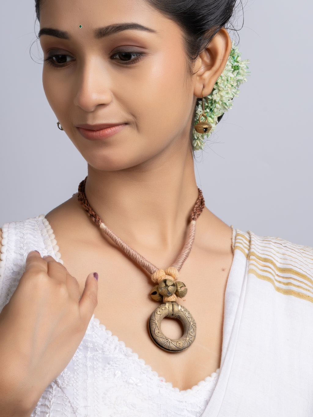 Beige Brown Dokra Brass Necklace Set With Earrings