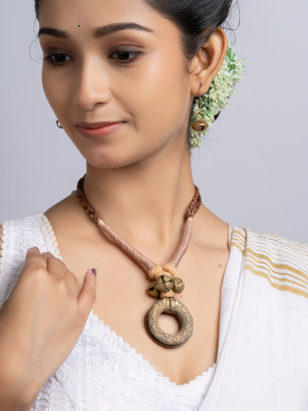 Beige Brown Dokra Brass Necklace Set With Earrings
