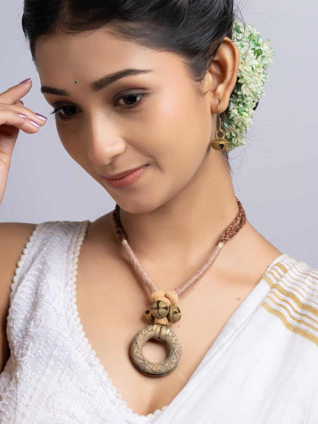 Beige Brown Dokra Brass Necklace Set With Earrings