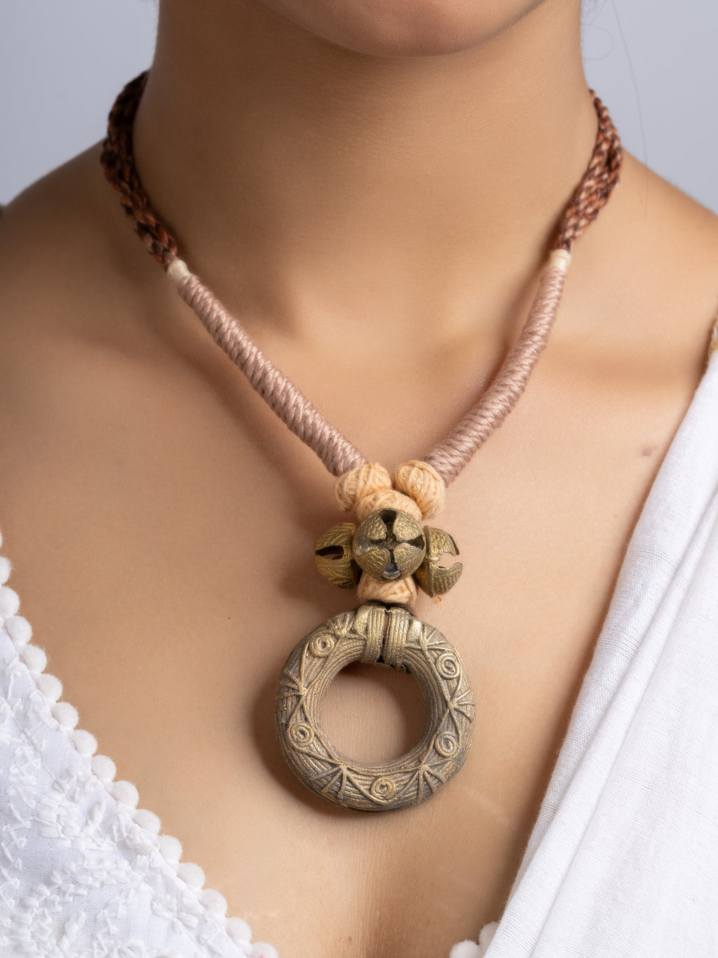 Beige Brown Dokra Brass Necklace Set With Earrings